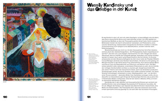 A two-page spread from a German art book titled Wassily Kandinsky und das Geistige in der Kunst. The left page features a reproduction of Kandinsky's colorful expressionist painting, Lady in Moscow. The right page contains the title in large bold letters and several paragraphs of German text.