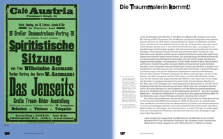 A two-page spread from a German book. The left page, numbered 136, features a large, green poster with black text advertising a Spiritistische Sitzung, or spiritualist séance, by Frau Wilhelmine Assmann. The right page, 137, contains an article under the bold headline, Die Traummalerin kommt!, with several paragraphs of text.