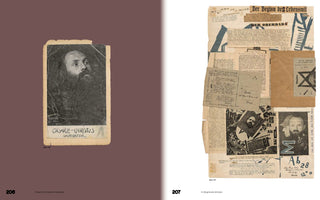 A two-page book spread. On the left, an old, creased portrait of a bearded man labeled Casare-Christus Imperator is set against a mauve background. On the right, a dense Dadaist collage on a white background is composed of German newspaper clippings, handwritten notes, and typographic elements, and it incorporates the same portrait from the left page.