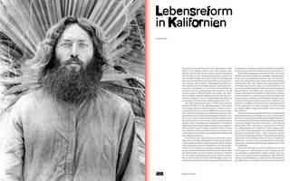 A black and white page from a publication. On the left is a close-up portrait of a man with long hair and a full beard, looking directly at the camera with palm fronds in the background. On the right is text in German with a large, bold headline that reads Lebensreform in Kalifornien.