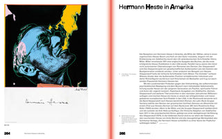A two-page spread from a book about Hermann Hesse. The left page displays a pop-art portrait of Hesse by Andy Warhol, showing his head in shades of blue with yellow and pink accents against a black background. Below the artwork are the signatures of Hermann Hesse and Andy Warhol. The right page features the title Hermann Hesse in Amerika followed by a block of German text.