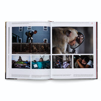 A two-page photo essay in a book about the macaques of Lopburi, Thailand, with French captions. The main photos show a wildlife agent on top of a large cage of captured monkeys, and a close-up of a macaque looking at its reflection in a small mirror. Smaller images below depict a monkey being sterilized by vets, a woman hugging a macaque, and other interactions between humans and monkeys in the city.