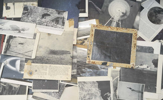 A dense, overlapping collage of aged, mostly black-and-white paper clippings. The fragments include images of war and technology, such as a bombed-out building, an old airplane, and a radio telescope. These are mixed with natural and celestial elements like the ocean, a starry night sky, and the moon, as well as a hand holding a revolver and snippets of printed text.