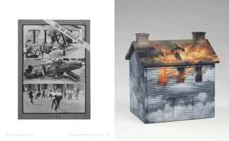 A diptych showing two artworks. On the left is a realistic, black-and-white painting of the August 20, 1965, TIME magazine cover about The Los Angeles Riot. On the right is a sculpture of a two-story, smoke-stained house with its roof and upper windows depicted as being on fire with painted flames.