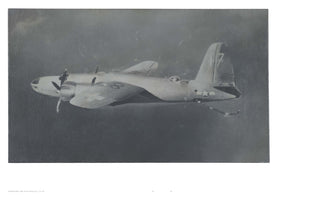A photorealistic oil painting in black and white depicting a twin-engine American bomber from World War II in mid-flight. The plane flies from right to left against a dark, textured background, with a US star insignia on its side and a piece of debris trailing from the tail.
