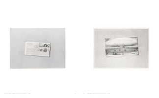 A two-page spread from a book, displaying two separate black and white artworks. The left page shows a photorealistic drawing of an envelope with stamps and handwritten text. The right page shows a drawing of a torn, folded photograph of a landscape with a large, mushroom-like cloud on the horizon. Both pieces are set against plain, light grey backgrounds.