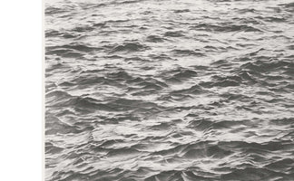 A highly detailed, photorealistic drawing in black and white of the surface of a body of water. The entire frame is filled with small, choppy, overlapping waves, creating a complex and textured pattern of light and shadow. The perspective is from above, looking down on the restless water.