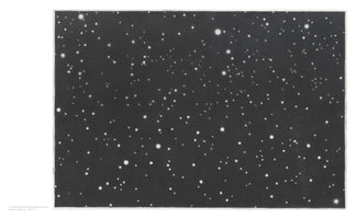 A black and white artwork of a dense star field. Numerous white dots of varying sizes are scattered across a dark, textured, rectangular background, evoking the vastness of the night sky. The artwork is presented on a white ground.
