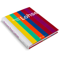 An angled shot of a hardcover book titled Richard Paul Lohse, set against a white background. The cover features a design of vibrant, vertical stripes in colors including yellow, green, orange, blue, purple, and red. The spine is white with the title printed in purple text.