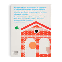 The back cover of a German-language children's book. The top half contains blue text, while the bottom half features a graphic illustration of a red brick building with a red roof, a circular window, and two large arched doorways revealing geometric shapes inside. A green star is to the left of the building.