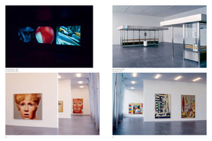A two-page spread from an art publication showing four color photographs of art installations. Top left shows a dark room with a three-screen video installation. Top right shows two modern metal and glass bus shelters inside a gallery. Bottom left shows a gallery hall with large portrait paintings of women. Bottom right shows two large, colorful, abstract paintings on a gallery wall.