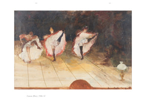 An impressionistic oil painting, Cancan (Paris), 1946–47, showing three women performing the cancan on a wooden stage. In a dynamic line, they kick their legs high, their frilly white skirts with red hems flying up to reveal black stockings. The background is a swirl of dark, moody colors, with a small lamp visible on the right side of the stage.