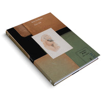 An angled photograph of a book titled Irène Zurkinden, Love, Life, set against a white background. The book's cover has a collage-like design with brown, tan, green, and black paper sections. A watercolor painting of a nude torso from the back is affixed to the center. Part of the cover resembles a green sketchbook labeled Zeichenblock RIGI.