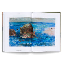 An open art book displays a two-page spread of a colorful, painterly seascape titled Böcklinade, 1958. The painting depicts a vibrant blue sea with a large central rock formation where several figures are lounging. More people are swimming in the water and walking on a sandy beach to the right.