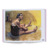 An open book lies flat, displaying a colorful, textured illustration across a two-page spread. The artwork features a woman with dark hair sitting on the floor in profile, her legs stretched before her. She wears a dark floral skirt and a white bra strap is visible on her shoulder. In the upper left background, a second woman is also seated. The background is a warm, sketchy yellow and brown. The page number 121 is in the bottom right corner.