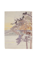A vertical watercolor painting of a snowy landscape at sunrise or sunset. The foreground features slender trees with snow-dusted branches rendered in muted purples and browns. In the background, a pale yellow sky glows above hazy, distant hills. A small brown, bear-like creature walks through the snow on the right side of the composition.