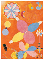 An abstract painting by Hilma af Klint with a vibrant orange background. The composition is filled with large, colorful biomorphic and geometric shapes in a palette of pink, blue, yellow, and white. A central form is composed of overlapping ovals, surrounded by elements like a circular flower medallion, delicate spirals, and stylized, totem-like floral arrangements.