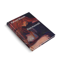 An angled shot of a hardcover book titled Edvard Munch Eine Auswahl on a white background. The cover features a dark, expressionistic painting by Munch of a red-haired woman embracing another figure.