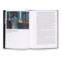 An open art book showing the painting Sommernacht. Die Stimme (1896) by Edvard Munch. The left page displays the painting of a woman in a white dress standing in a dark forest, while the right page features a block of descriptive text in German.