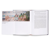An open art book on a white surface. The left page features a reproduction of Edvard Munch's painting, The Researchers, showing a clothed woman holding a baby, surrounded by nude figures on a beach. The right page contains a column of descriptive text in German.