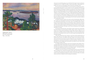 A page from an art book displays Edvard Munch's 1900 painting, Zugrauch (Train Smoke). The expressionist landscape shows a colorful, swirling view over a fjord with islands in the distance. Stylized trees with red trunks and green leaves are in the foreground, and a large plume of white smoke from a train drifts across the center. To the right of the artwork is a column of descriptive text in German.