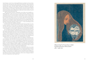 A page from an art book displaying Edvard Munch's 1896 color woodcut, Männerkopf in Frauenhaar (Man's Head in Woman's Hair). The expressionist print shows a woman in profile, whose long, dark hair flows around and envelops the pale, forward-facing head of a man with a mustache against a textured blue background. German text is on the left and below the artwork.