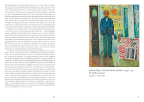 A page from an art book showing Edvard Munch's painting, Self-Portrait. Between the Clock and the Bed, on the right, with a column of German text on the left. The expressionist painting depicts the elderly artist in a blue suit standing in a colorful room, positioned between a tall grandfather clock and a bed with a vibrant, geometric-patterned bedspread.