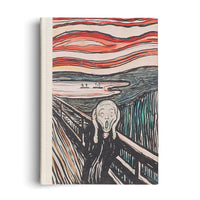 A hardcover journal with a light-colored, textured canvas spine. The cover features a lithograph print of Edvard Munch's painting The Scream, depicting a figure in anguish on a bridge under a swirling, red and orange sky over a dark landscape.