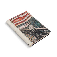 A hardcover journal lying on a white background, angled to show its front cover and spine. The cover features Edvard Munch's painting, The Scream. The cream-colored linen spine has the text EDVARD MUNCH and DER SCHREI printed in black.