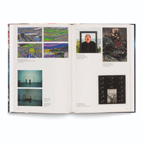 A two-page spread in an open art book laid flat against a white background. The pages feature several artworks and German text, all related to Edvard Munch's The Scream. The left page has four colorful, digitally distorted versions of The Scream. The right page displays a photo of a woman screaming, a dark and chaotic painting of a screaming figure, and a black square artwork with a small, central image of The Scream.