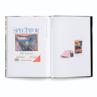 An open book displays a two-page spread. The left page shows a 1993 cover of The Spectator magazine featuring a parody of Edvard Munch's The Scream. The right page shows a novelty tin and several bandages, also decorated with The Scream artwork, branded as Scream Bandages.