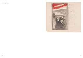 An open book showing a drawing by Edvard Munch, Verzweiflung, from 1892. The artwork, made with charcoal and oil on paper, depicts a figure in a hat and coat from behind, looking out from a bridge over a fjord under a dramatic, streaked red sky. To the right of the framed drawing is a column of handwritten text.