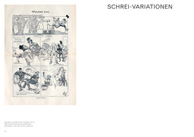 A page with the title SCHREI-VARIATIONEN, featuring a black-and-white caricature by Olaf Krohn from the magazine Tyrihans, 1895. The four-panel comic, titled Under jul, parodies Edvard Munch's The Scream. One panel explicitly shows a figure in the iconic screaming pose with hands on cheeks, while another depicts a man running on a bridge away from ghostly figures. A caption below notes this is likely the first caricature of The Scream ever published.