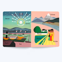 A two-page spread from a colorful, illustrated German children's book. The left page shows a harbor with a boat, a dock, and a large sun, with labels for Sterne (stars), Sonne (sun), Schornstein (smokestack), and Hafen (harbor). The right page depicts a fjord landscape with snow-capped mountains and a yellow bridge, with labels for Schnee (snow), Gebirge (mountains), Wasser (water), and Brücke (bridge).