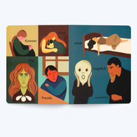 An open book with two pages of stylized, colorful illustrations depicting human emotions. Each image is labeled in German. The emotions shown are sorrow (Kummer), comfort (Trost), anger (Wut), joy (Freude), tiredness (müde), anxiety (ängstlich) represented by a version of The Scream, and thoughtfulness (nachdenklich).