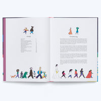 An open, illustrated children's book with German text is displayed against a white background. The left page shows the table of contents, titled Inhalt, and the right page shows the introduction, titled Einleitung. Both pages feature colorful, whimsical illustrations, with a long parade of fantastical characters marching across the bottom of the two-page spread.