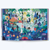 An open book reveals a vibrant and densely populated two-page illustration of a surreal landscape. Numerous small, stylishly dressed people mingle, play music, and explore a whimsical world of giant fruits, colorful mushrooms, and oversized plants under a bright sky that transitions into a dark blue forest below.