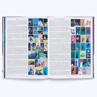 An open book displays a two-page spread in German, with page numbers 28 and 29. The left page is titled Betzeit and the right is Inspirierende Wissenschaft. Both pages contain columns of text alongside a large grid of dozens of small, numbered, and colorful illustrations in various art styles.