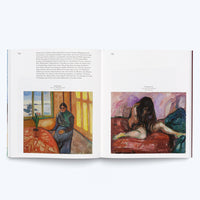 An open art book showing a two-page spread with German text and two paintings by Edvard Munch. The left page features Melancholie, a portrait of a woman sitting at a table by a window. The right page shows Weinender Akt, a painting of a nude figure hunched over on a red surface, weeping.