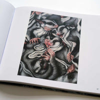 An open book on page 97, showing a detailed, realistic illustration of a large, writhing pile of grey and white sugar gliders. Their small pink paws, ears, and faces are visible as they are tangled together, filling the entire image.